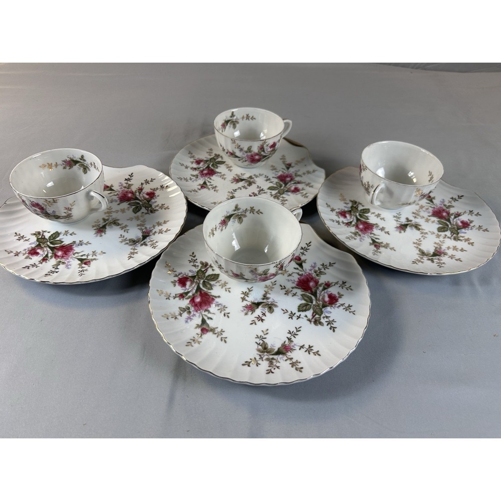 Vintage Japan Tea Cup Saucer Set 4 Floral Gold Trim Scalloped Plates